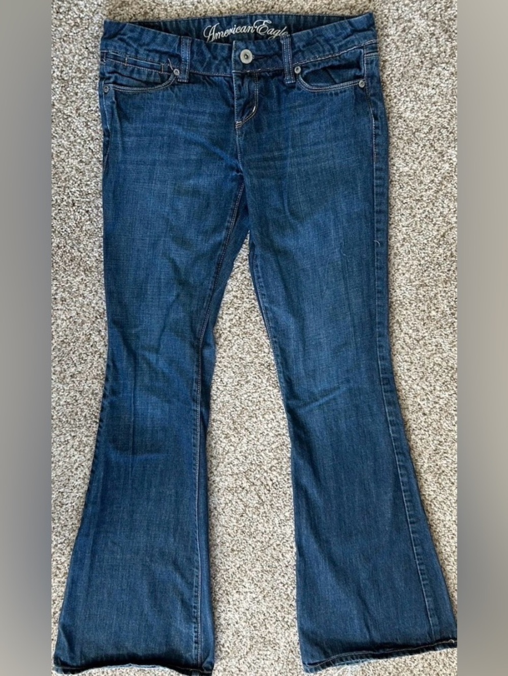 American Eagle Real Flare Jeans Womens Sz 2 L Blue Denim Low Rise Y2K Thrashed